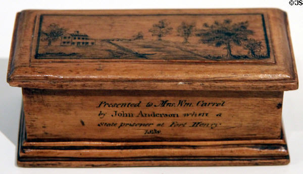Maple box (1838) made by John Anderson while a prisoner at Fort Henry after the Upper Canada Rebellion at Royal Ontario Museum. Toronto, ON.