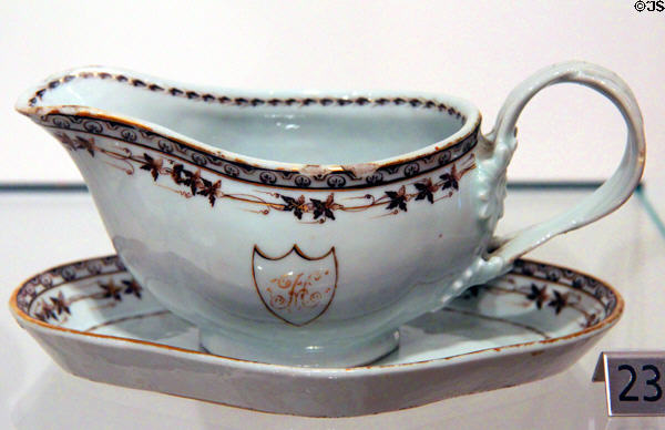 Chinese import porcelain dinner service sauce boat (c1800-10) brought to Canada 1855 by Richard Heneker who served as commissioner of British American Land Company in Eastern Townships of Quebec at Royal Ontario Museum. Toronto, ON.
