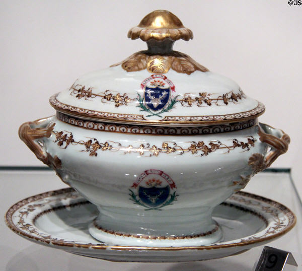 Chinese import porcelain dinner service tureen with stag's head crest (c1800-10) owned by Roderick Mackenzie partner in Montreal-based North West Company at Royal Ontario Museum. Toronto, ON.