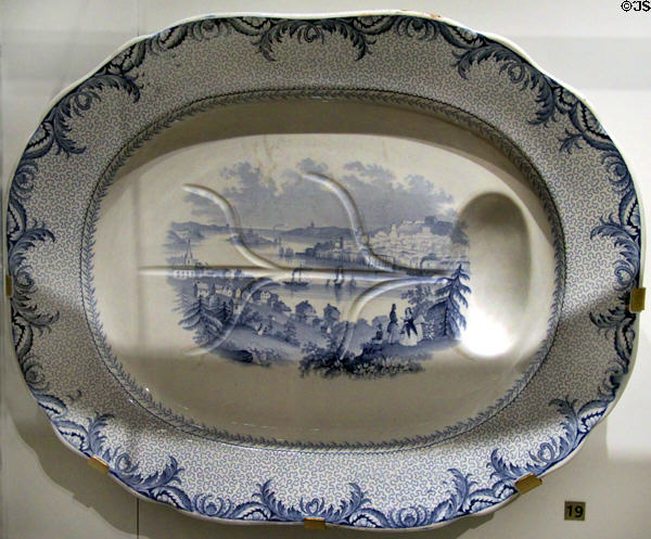 Earthenware meat platter with blue transfer-print of view of city of Halifax, NS beyond steam ships at Royal Ontario Museum. Toronto, ON.