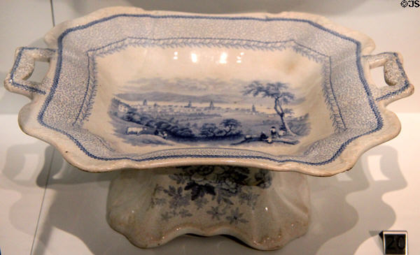 Stoneware compote with blue transfer-print showing city of Fredericton, NB (c1845-55) by Podmore, Walker & Co of Tunstall, Staffordshire, England at Royal Ontario Museum. Toronto, ON.