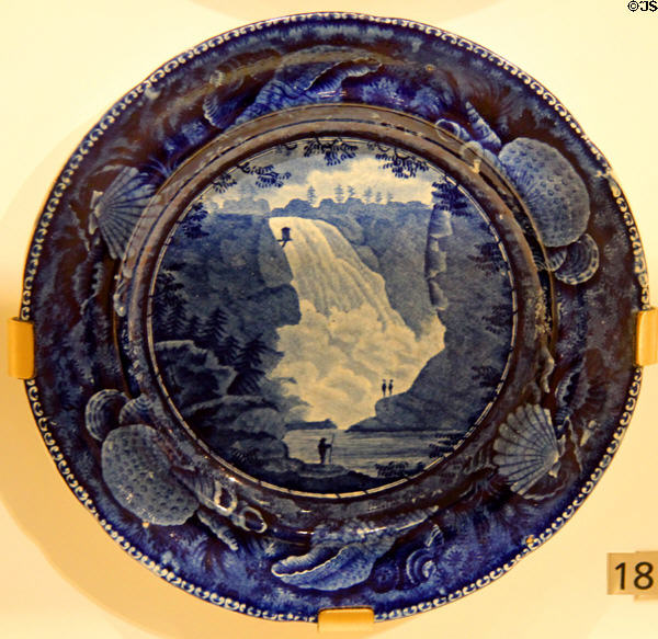 Earthenware plate with blue transfer-print of Fall of Montmorenci near Quebec (c1830-40) by Enoch Wood & Sons of Burslem, Staffordshire, England at Royal Ontario Museum. Toronto, ON.
