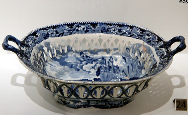 Earthenware lattice berry bowl with blue transfer-print of Arctic scene (c1835-45) from Staffordshire, England at Royal Ontario Museum. Toronto, ON.