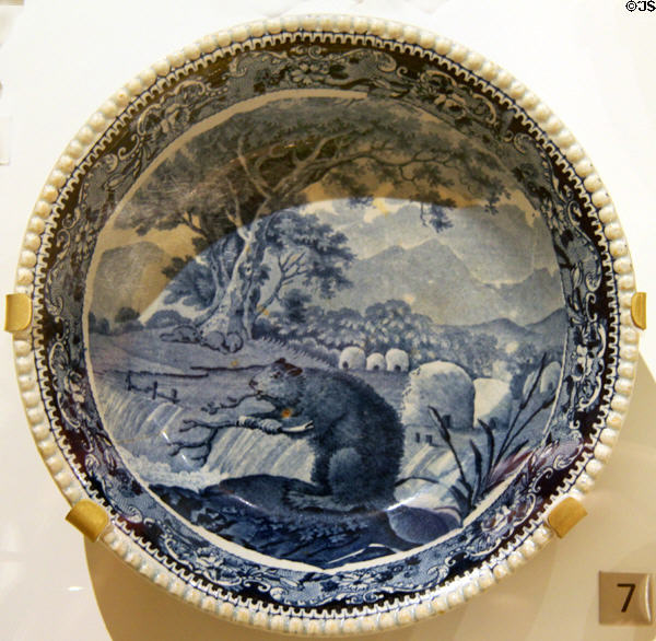 Earthenware plate with blue transfer-print of Canadian beaver (c1830-40) by Enoch Wood & Sons of Burslem, Staffordshire, England at Royal Ontario Museum. Toronto, ON.
