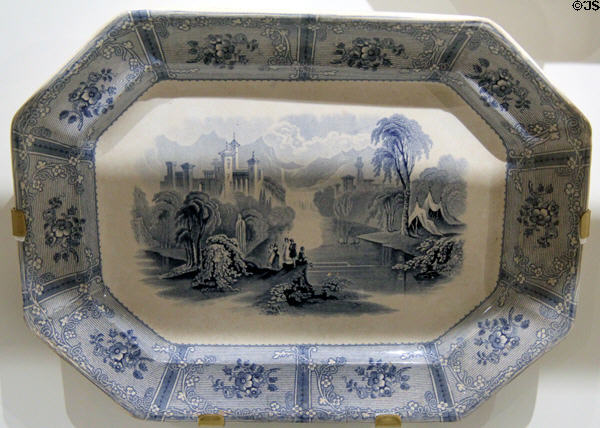 Earthenware platter with blue transfer-print showing Ontario lake scenery (c1850) by Joseph Heath of Tunstall, Staffordshire, England at Royal Ontario Museum. Toronto, ON.
