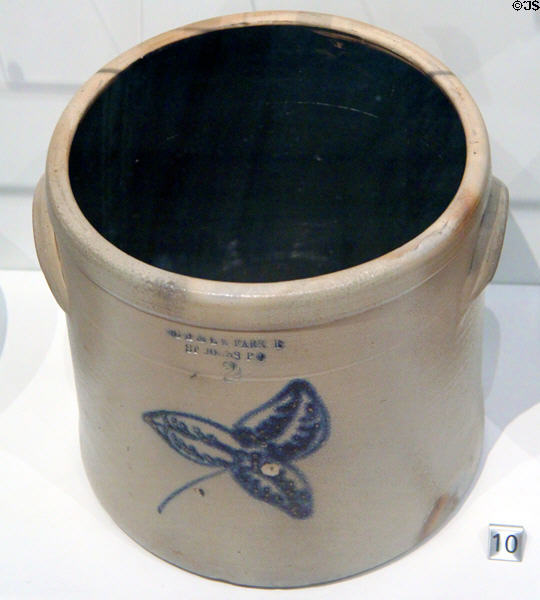 Salt-glazed stoneware crock (c1870) by G.H. & L.E. Farrar Pottery of Saint-Jean-sur- Richelieu, QC at Royal Ontario Museum. Toronto, ON.
