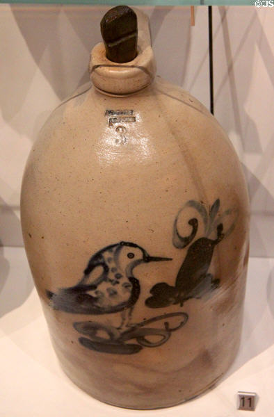 Salt-glazed stoneware jug (c1870) by J.T. Hazen of St-Jean-sur-Richelieu, Quebec at Royal Ontario Museum. Toronto, ON.