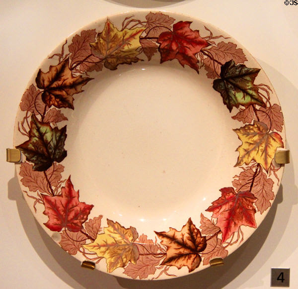 Earthenware plate with transfer-print of maple leaves (c1885-90) by Thomas Furnival & Sons of Cobridge, Staffordshire, England at Royal Ontario Museum. Toronto, ON.