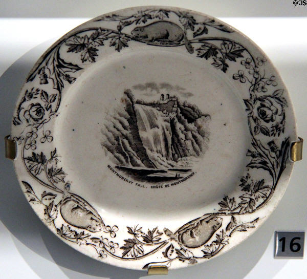 Earthenware plate with transfer-print of Montmorency Falls, Quebec (1880s) by Britannia Pottery of Glasgow, Scotland at Royal Ontario Museum. Toronto, ON.