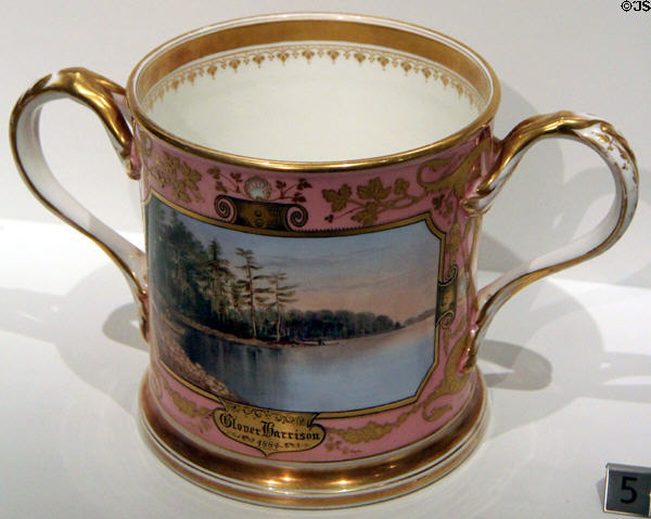 Porcelain loving cup with Canadian lake sold by Glover Harrison (Toronto) (c1884) by Minton of Longton, Staffordshire, England at Royal Ontario Museum. Toronto, ON.