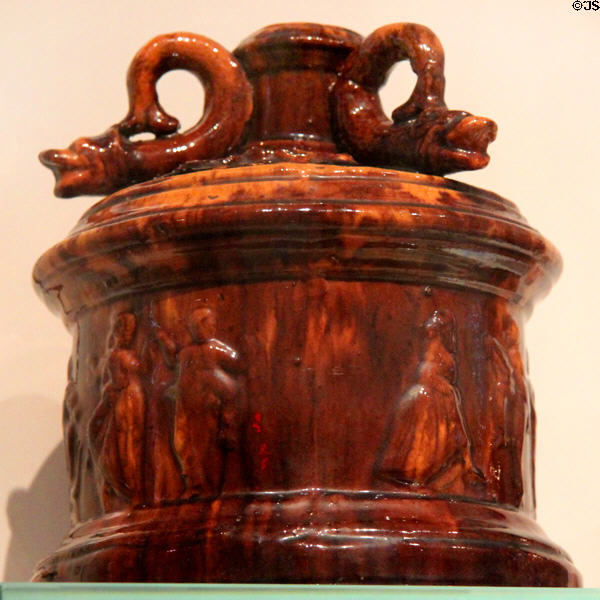 Rockingham-glazed earthenware tobacco jar (c1880-1900) by Poterie Dion of Quebec at Royal Ontario Museum. Toronto, ON.