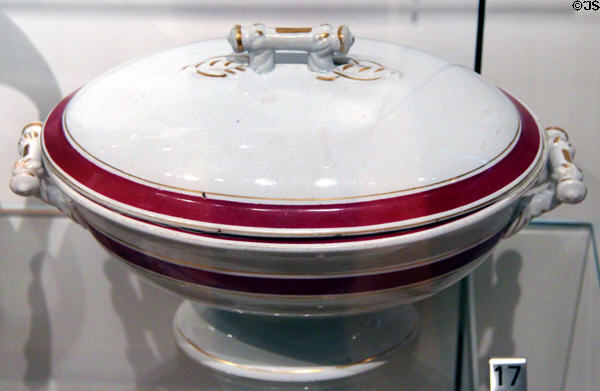 Ironstone covered vegetable dish (c1880-90) by St. Johns Stone Chinaware Co of Saint-Jean-sur- Richelieu, QC at Royal Ontario Museum. Toronto, ON.
