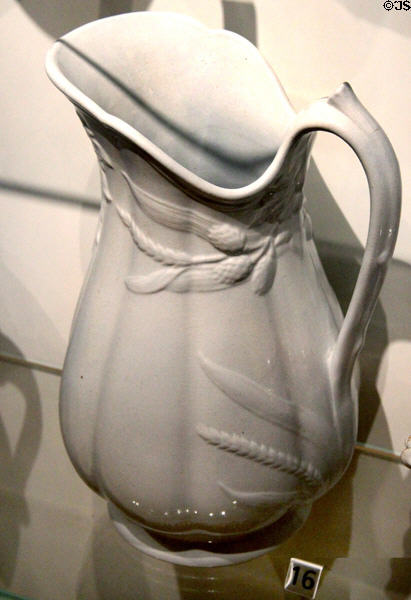 Ironstone pitcher with wheat sheaf pattern (c1890-98) by St. Johns Stone Chinaware Co of Saint-Jean-sur- Richelieu, QC at Royal Ontario Museum. Toronto, ON.