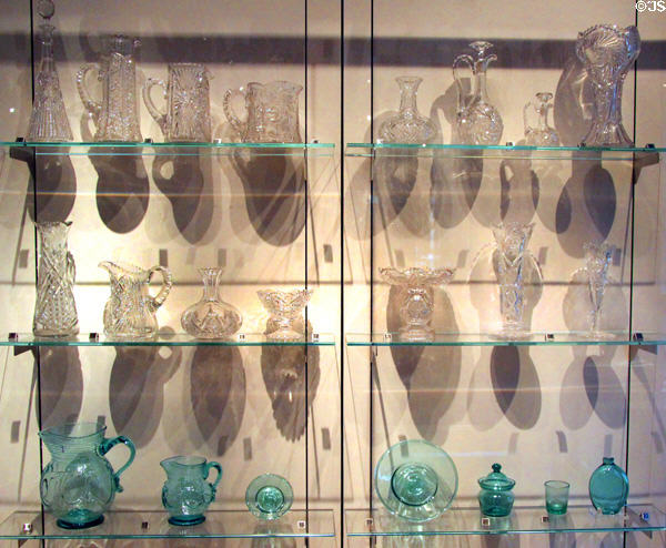 Collection of Canadian cut glass (1900-30) & green Mallorytown glass (after 1839) at Royal Ontario Museum. Toronto, ON.