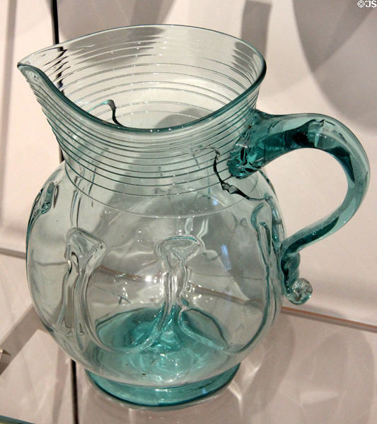 Canadian green Mallorytown blown-glass pitcher with spiral threads (after 1839) from near Brockville, ON at Royal Ontario Museum. Toronto, ON.