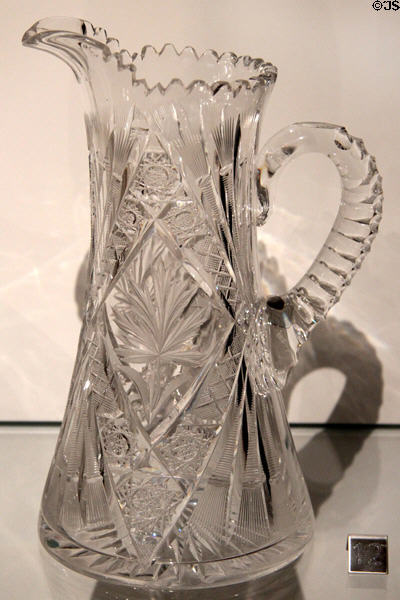 Cut glass pitcher in maple leaf pattern (c1913-20) by Gundy-Clapperton Co of Toronto at Royal Ontario Museum. Toronto, ON.
