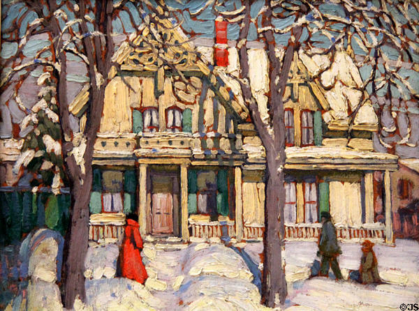 Street Scene with Figures, Hamilton painting on board (c1919) by Lawren Harris at Art Gallery of Ontario. Toronto, ON.