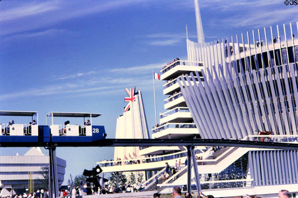 Minirail passes British & French Pavilions at Expo 67. Montreal, QC.