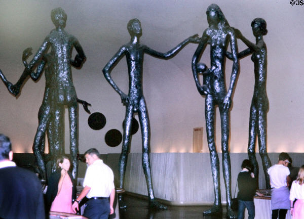 Sculpture group of 18-foot tall aluminum nude figures by Mario Armengol in British Pavilion at Expo 67. Montreal, QC.