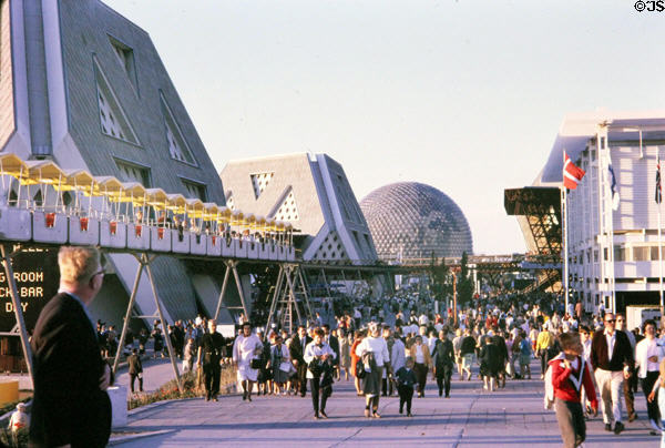 Promenade with hexagonal theme Pavilions at Expo 67. Montreal, QC.