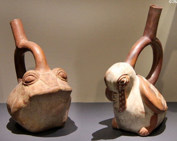Mochica culture terracotta stirrup vessels in forms of frog & duck (450-700) from North Coast of Peru at Montreal Museum of Fine Arts. Montreal, QC.