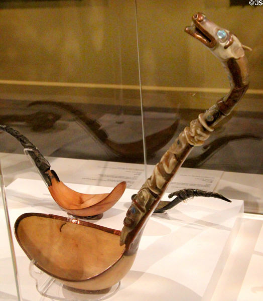 Northwest coast Tlingit ladle (c1870) from Alaska plus other carved spoons at Montreal Museum of Fine Arts. Montreal, QC.