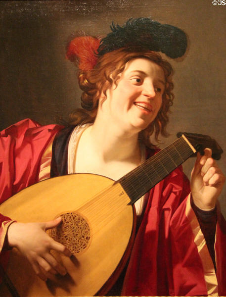 Woman Tuning a Lute painting (1624) by Gerrit van Honthorst from Utrecht at Montreal Museum of Fine Arts. Montreal, QC.