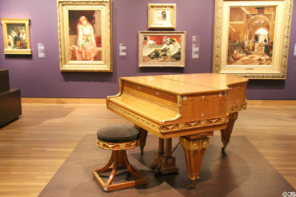 Romantic paintings gallery with piano & stool (c1908) by Paul Follot from France at Montreal Museum of Fine Arts. Montreal, QC.