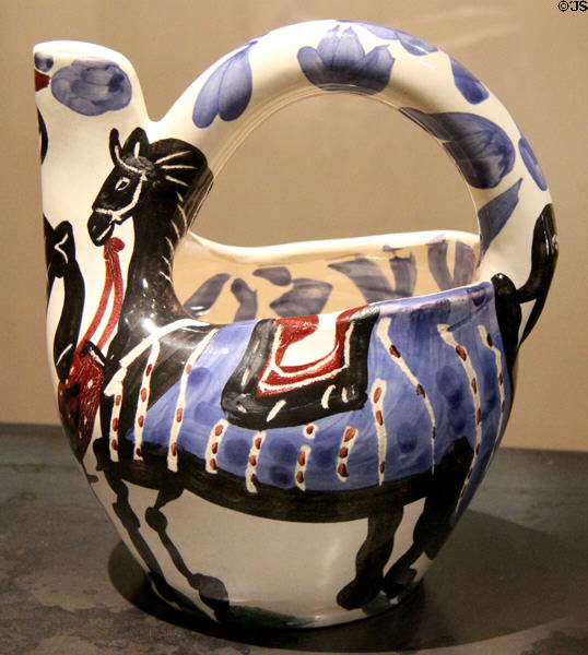 Ceramic wine jug painted with cavalier & horse (1952) by Pablo Picasso at Montreal Museum of Fine Arts. Montreal, QC.