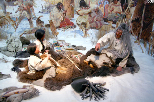 Diorama depicting Cree & Assiniboin camp with trade goods (c1751) at Royal Saskatchewan Museum. Regina, SK.