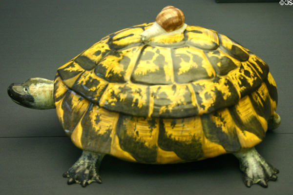 Faience terrine in form of tortoise with handle in shape of snail (c1748-54) by Paul Hannong of Strasbourg, France at Ariana Museum. Geneva, Switzerland.