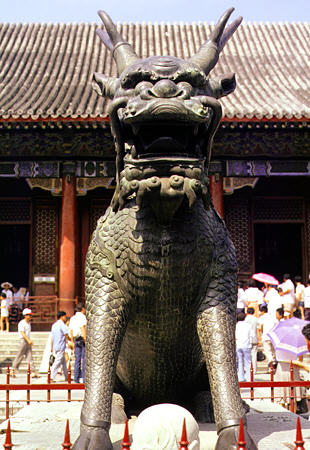 Bronze dragon sculpture in the Summer Palace park in Beijing. China.