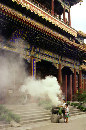 Highly decorated and colorful Tibetan temple in Beijing. China.