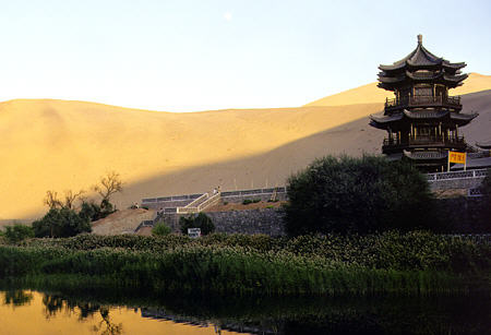 Crescent Moon Lake and Singing Sand Mountains in Dunhuang. China.