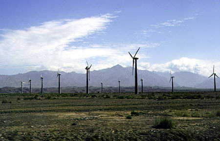 Series of windmills between Urumqi (Urumchi) and Turpan. China.