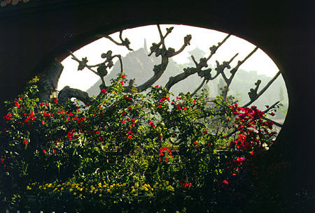 Flowers grow around Red Hill Gate in Urumqi (Urumchi). China.