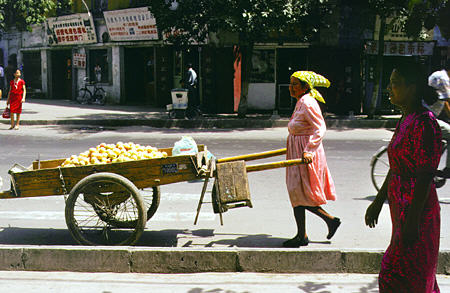 Woman carts food on streets of Urumqi. China.