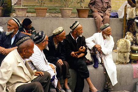 Crowd near a mosque in Kashgar. China.