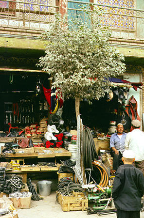 Hardware merchants' shop on streets of Kashgar. China.