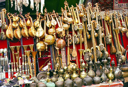 Variety of musical instruments for sale in Kashgar. China.