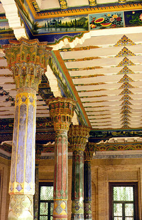 Colorful and ornate pillars and walls inside muslim Abakh Hoja Tomb, Kashgar. China.