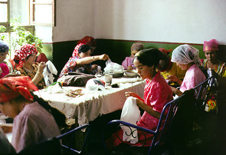 Women working on embroidery in Kashgar. China.