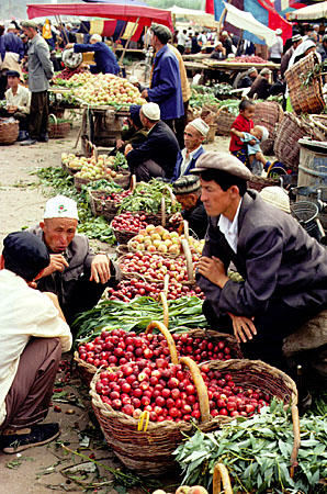 Fruit and vegetables for sale in Sunday market in Kashgar. China.