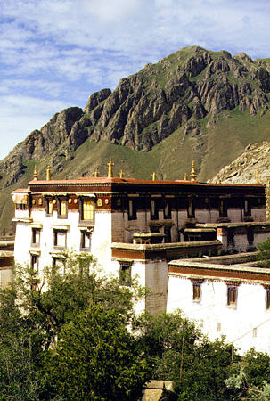 Red and white buildings of the Drepung Monastery, Tibet. China.