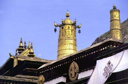 Golden ornaments on the roof of a temple in Sera Monastery, Tibet. China.