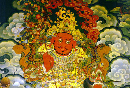 Mural of a deity in Sera Monastery, outside of Lhasa, Tibet. China.