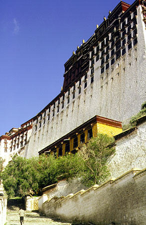 White stone walls and staircases of Potola Palace, once the home of the Dalai Lama in Lhasa, Tibet. China.