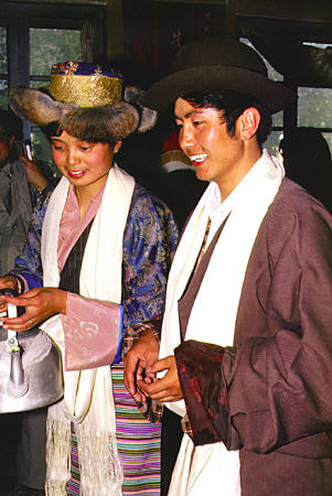 Bride and groom perform wedding ceremonies in Lhasa, Tibet. China.