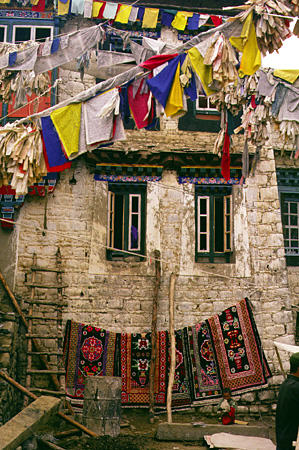 Carpets hang for sale in Lhasa, Tibet. China.