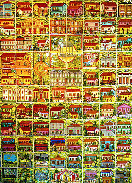 Colorful tile mural depicting old San José located at the Don Carlos Hotel in San José. Costa Rica.